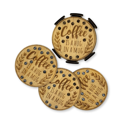 A Coffee is a Hug in a Mug" Wooden Coaster Set of 6 – Cozy & Stylish Vibeartz