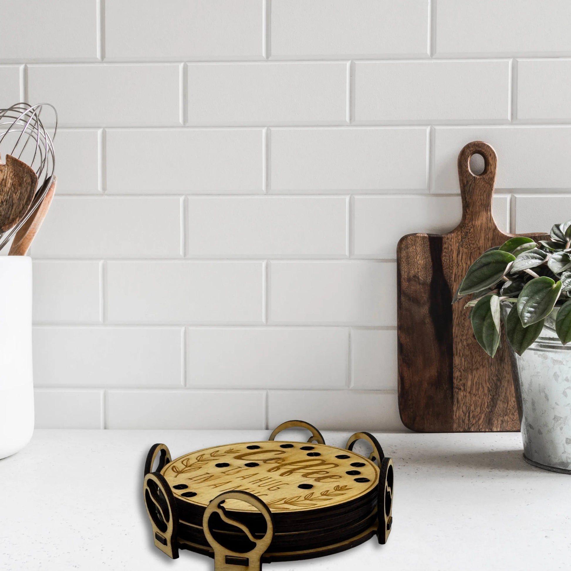 A Coffee is a Hug in a Mug" Wooden Coaster Set of 6 – Cozy & Stylish Vibeartz
