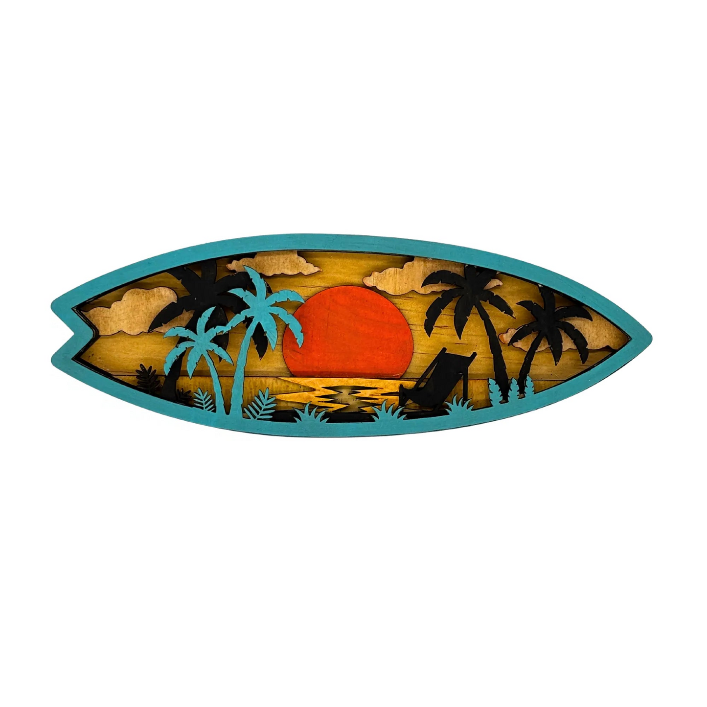 3D Layered Tropical Sunset Surfboard Art Vibeartz