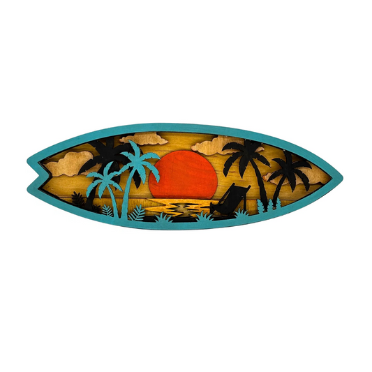 3D Layered Tropical Sunset Surfboard Art Vibeartz