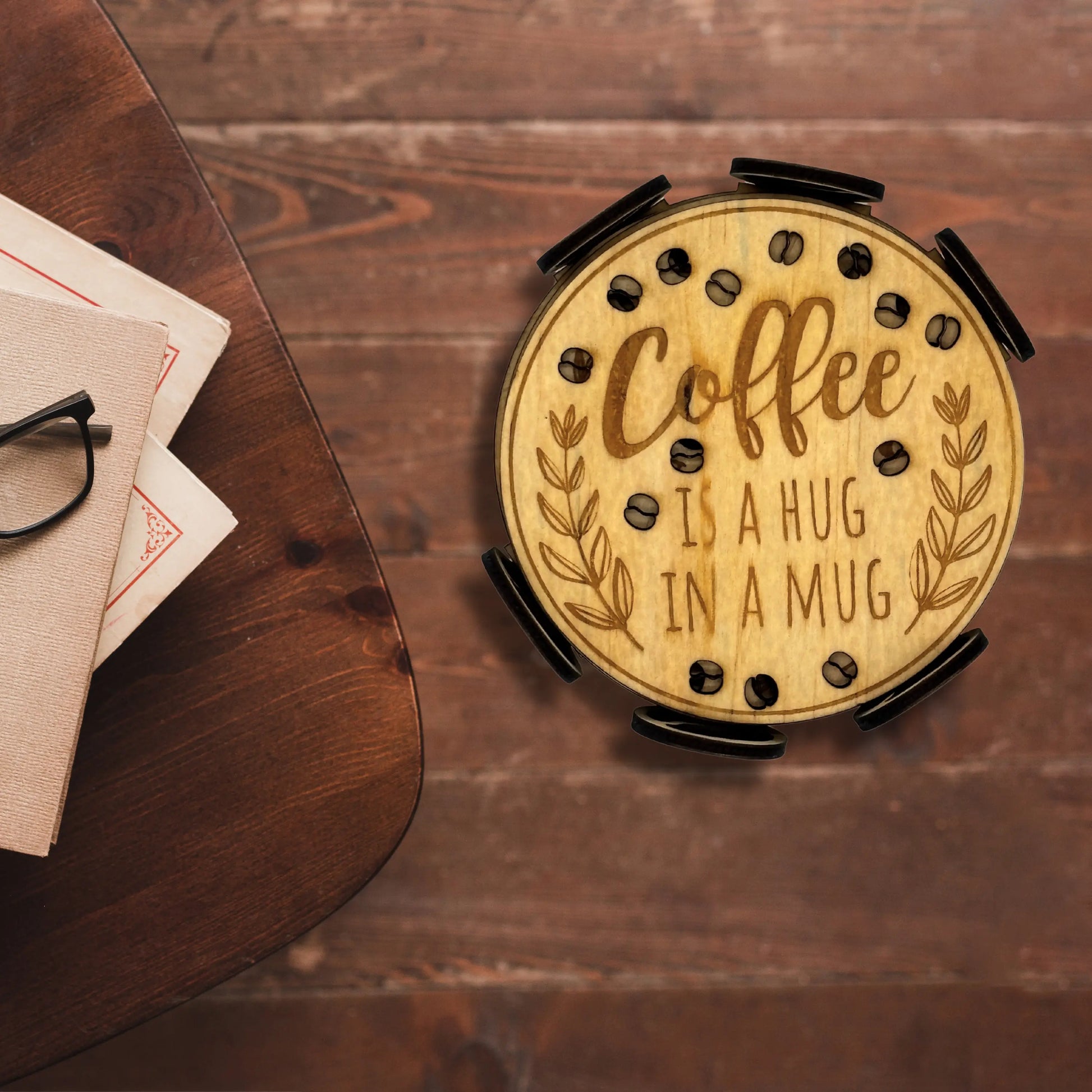 A Coffee is a Hug in a Mug" Wooden Coaster Set of 6 – Cozy & Stylish Vibeartz