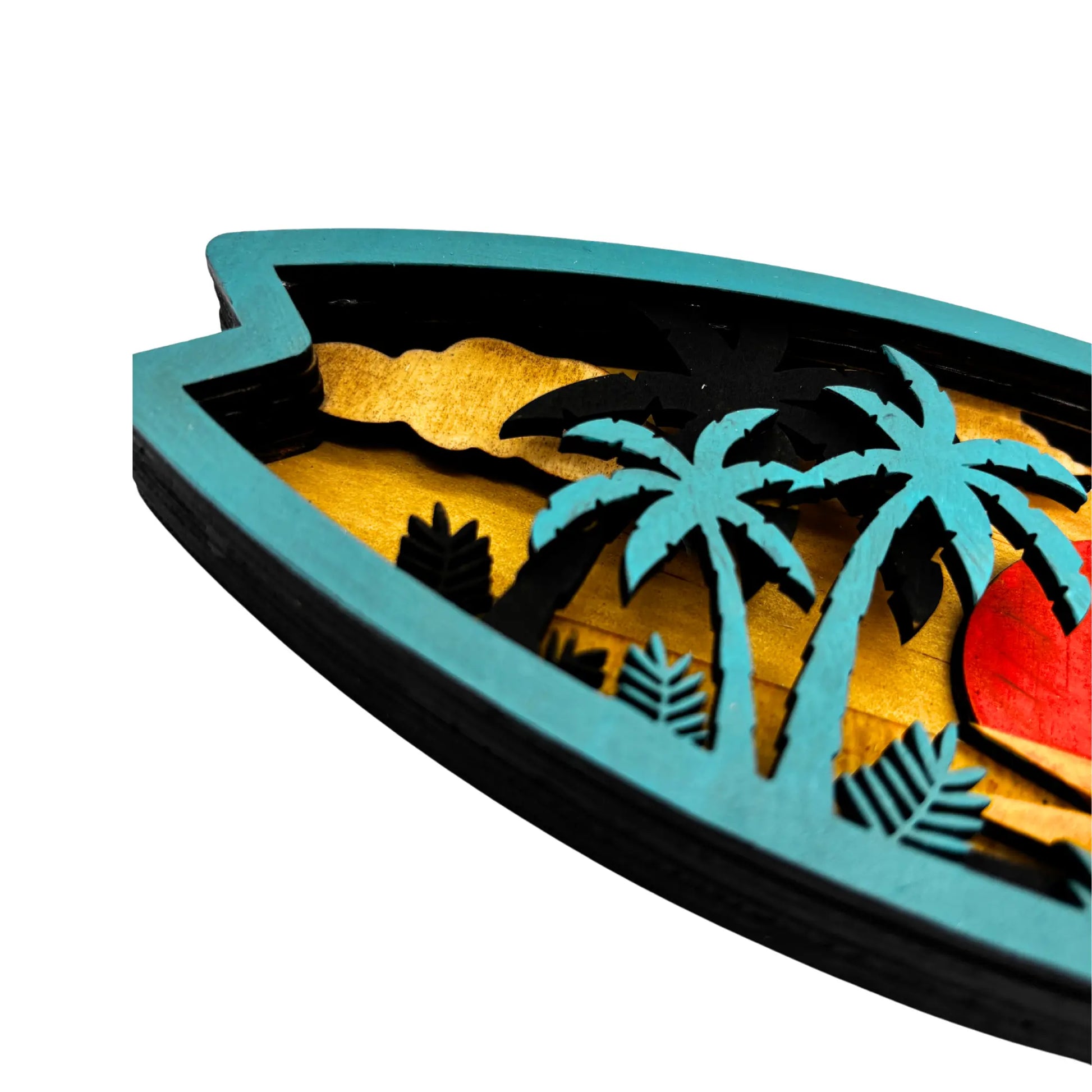 3D Layered Tropical Sunset Surfboard Art Vibeartz