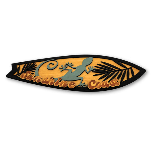 Sunshine Coast Geko Surfboard: Handmade Wooden Artwork Vibeartz