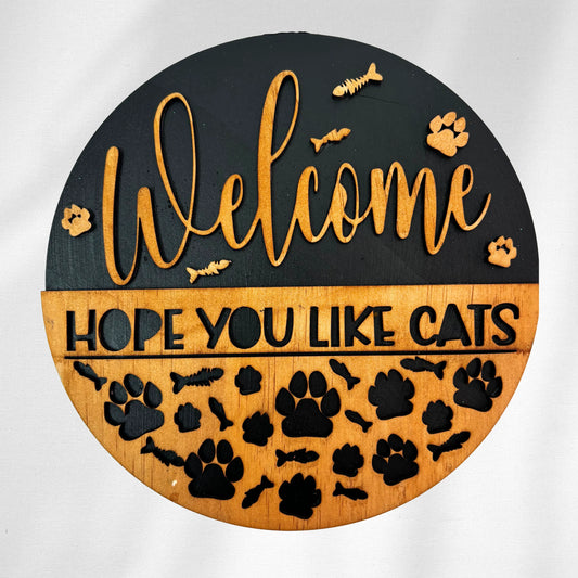 Cat Welcome Door Hanger – Handmade Wooden Art Vibeartz