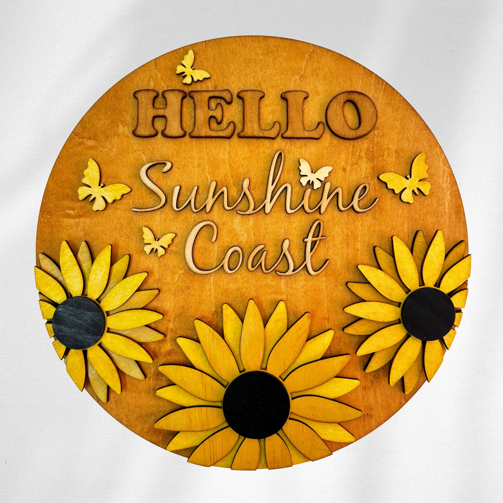 Welcome Sunshine Coast Sunflower – Sign Door Hanger, 3D Round Pendant Vibeartz