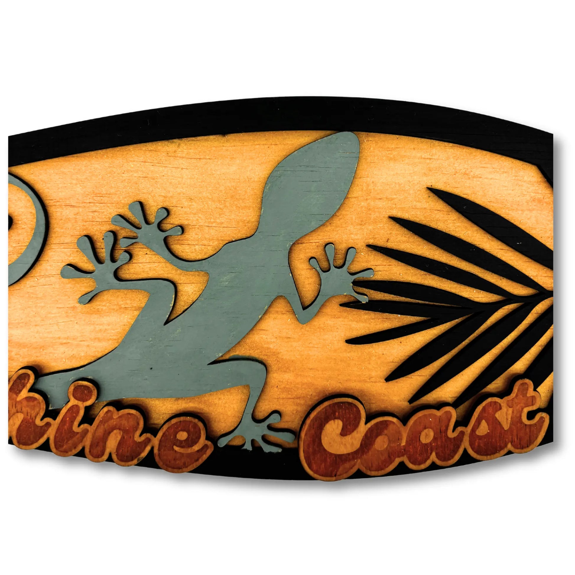 Sunshine Coast Geko Surfboard: Handmade Wooden Artwork Vibeartz