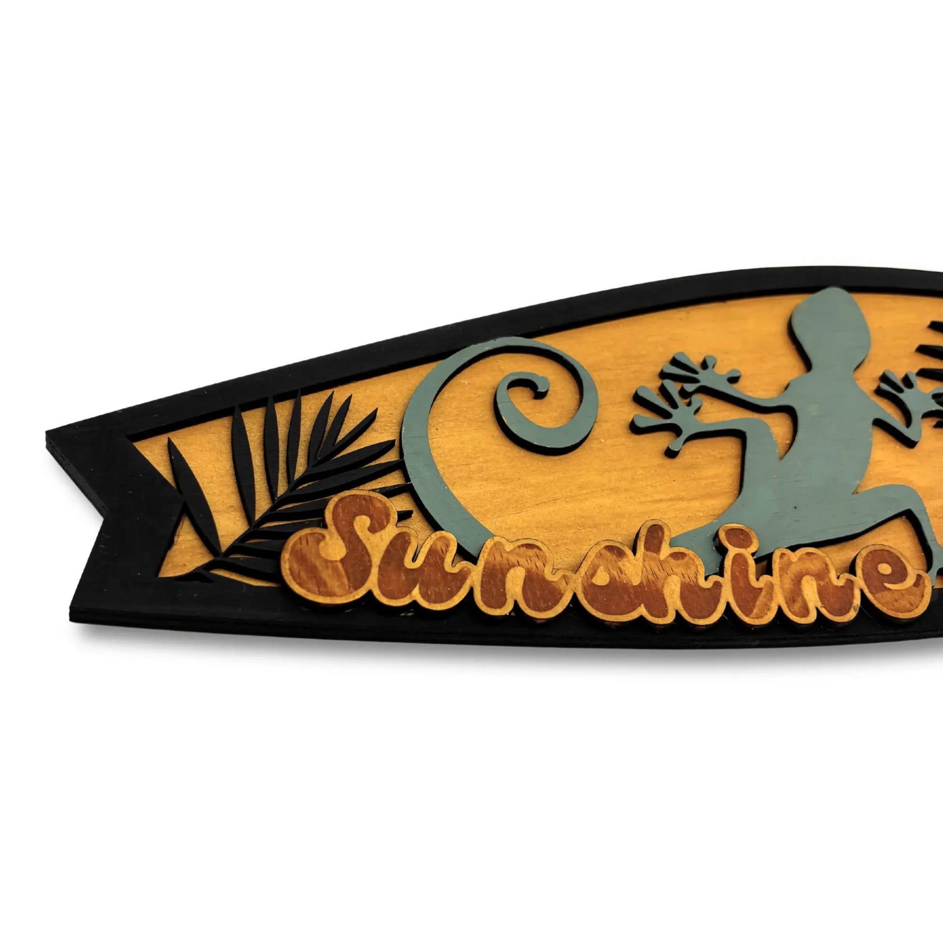 Sunshine Coast Geko Surfboard: Handmade Wooden Artwork Vibeartz
