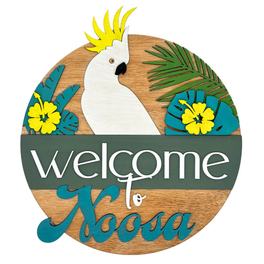 Welcome to Noosa Wooden Sign – Tropical Laser-Cut Decor Vibeartz
