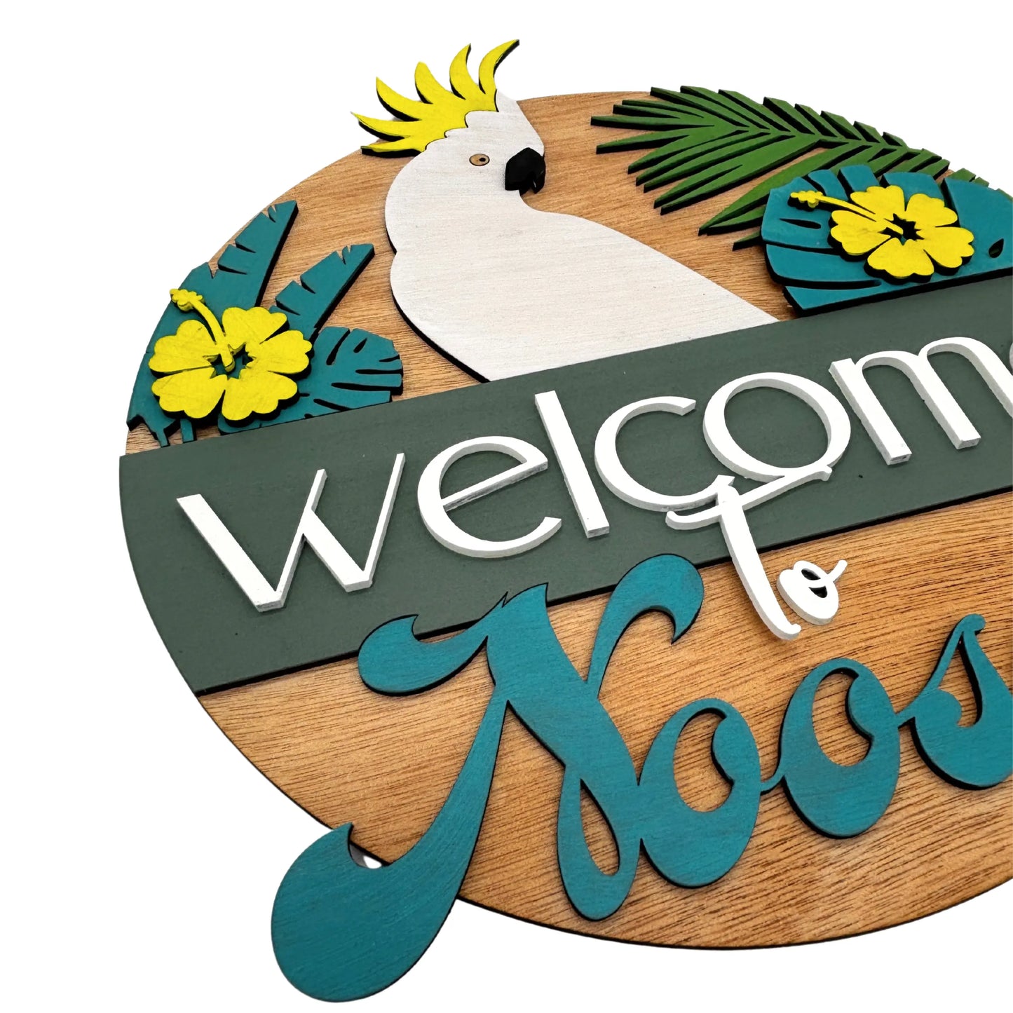 Welcome to Noosa Wooden Sign – Tropical Laser-Cut Decor Vibeartz