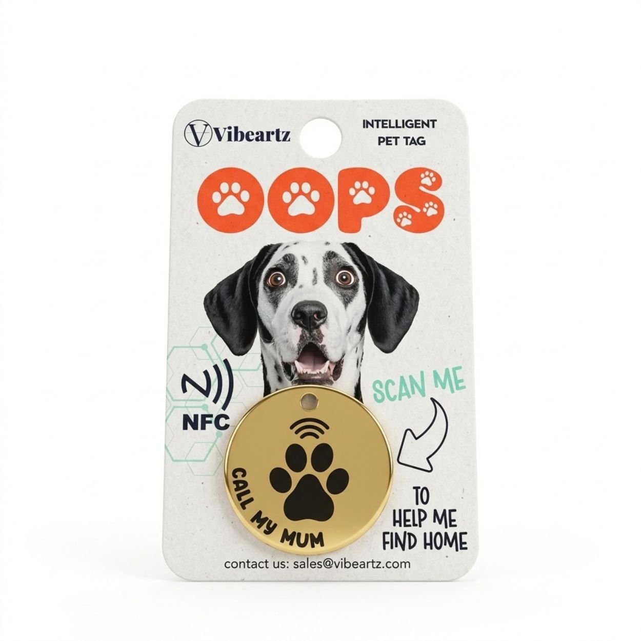 OOPS intelligent pet tag packaging with a gold NFC tag