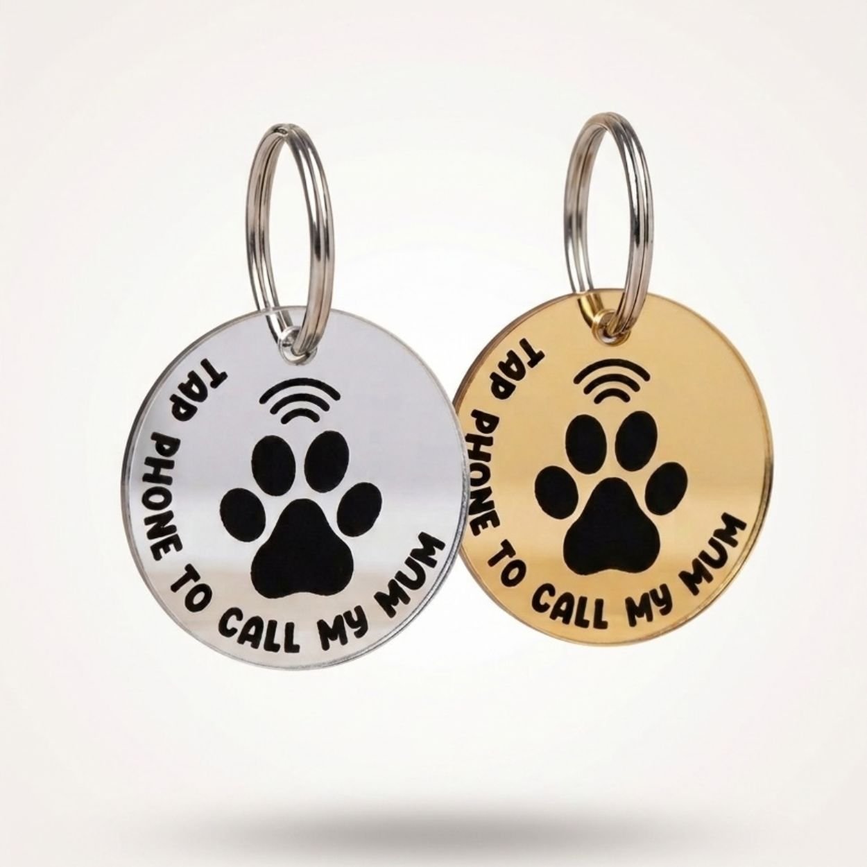 Silver and gold round NFC pet tags with key rings