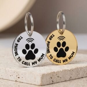 Silver and gold NFC pet tags with paw print and tap phone to call my mum text