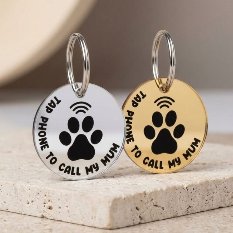 Silver and gold NFC pet tags with paw print and tap phone to call my mum text