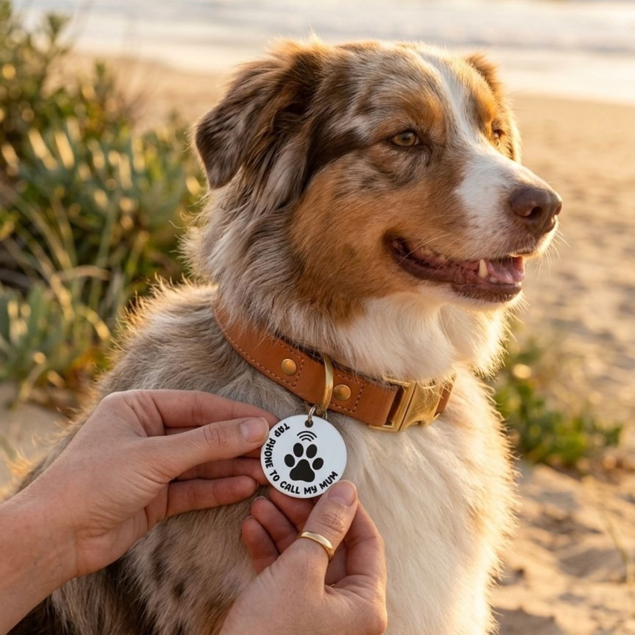 Australian Shepherd wearing a silver NFC pet tag on a leather collar at the beach