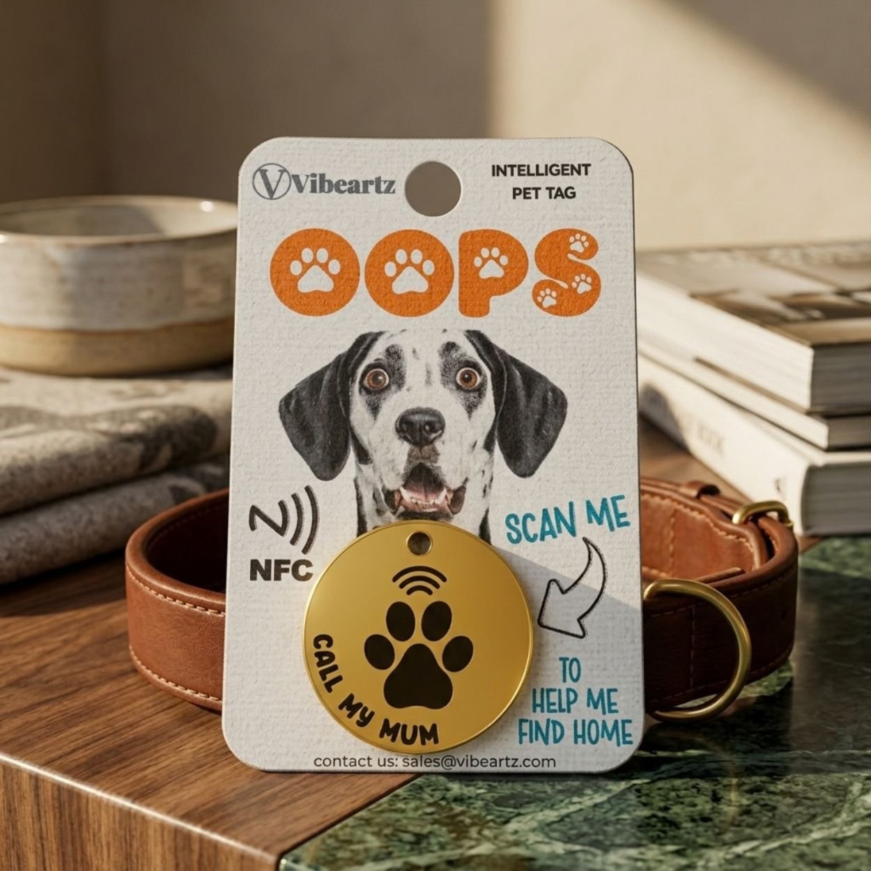 Gold OOPS NFC pet tag in its Vibeartz packaging next to a leather collar