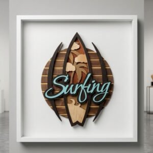 Surfing Timber Artwork – Framed 50x50cm