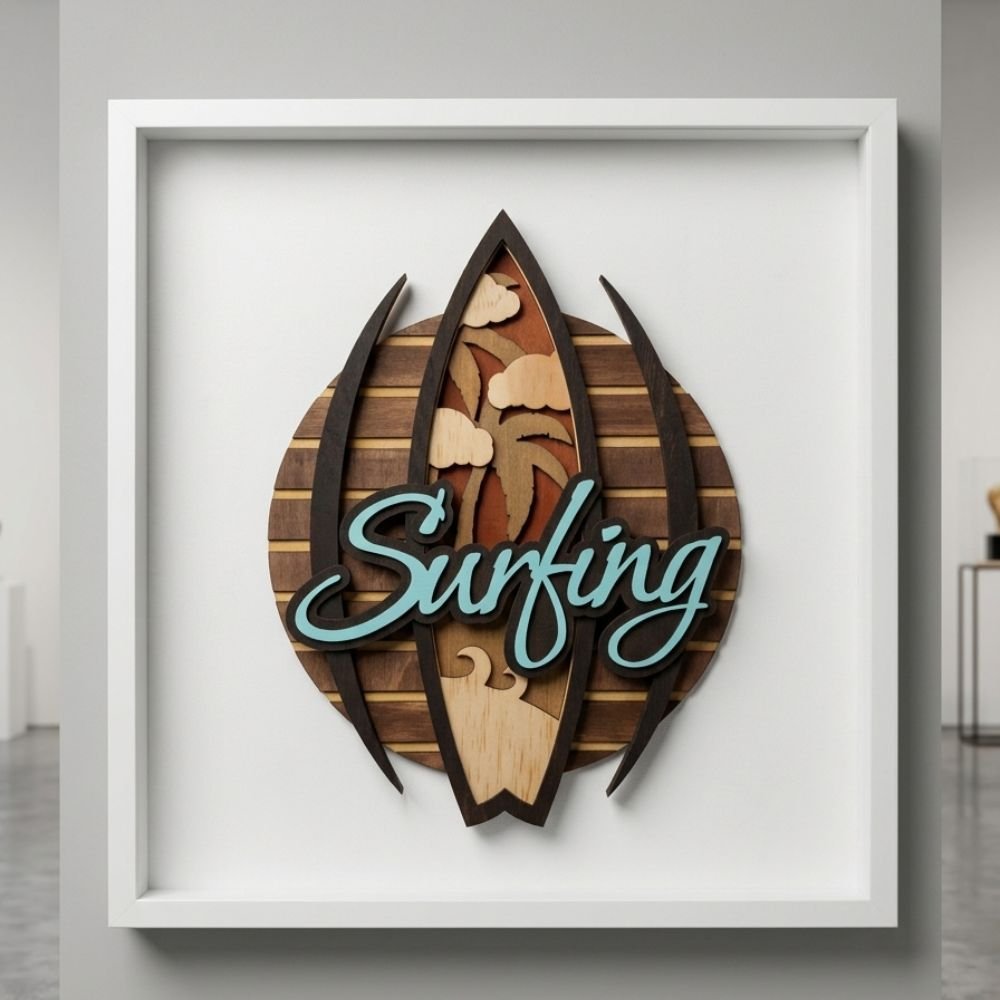 Surfing Timber Artwork – Framed 50x50cm Surfing Timber Artwork – Framed 50x50cm