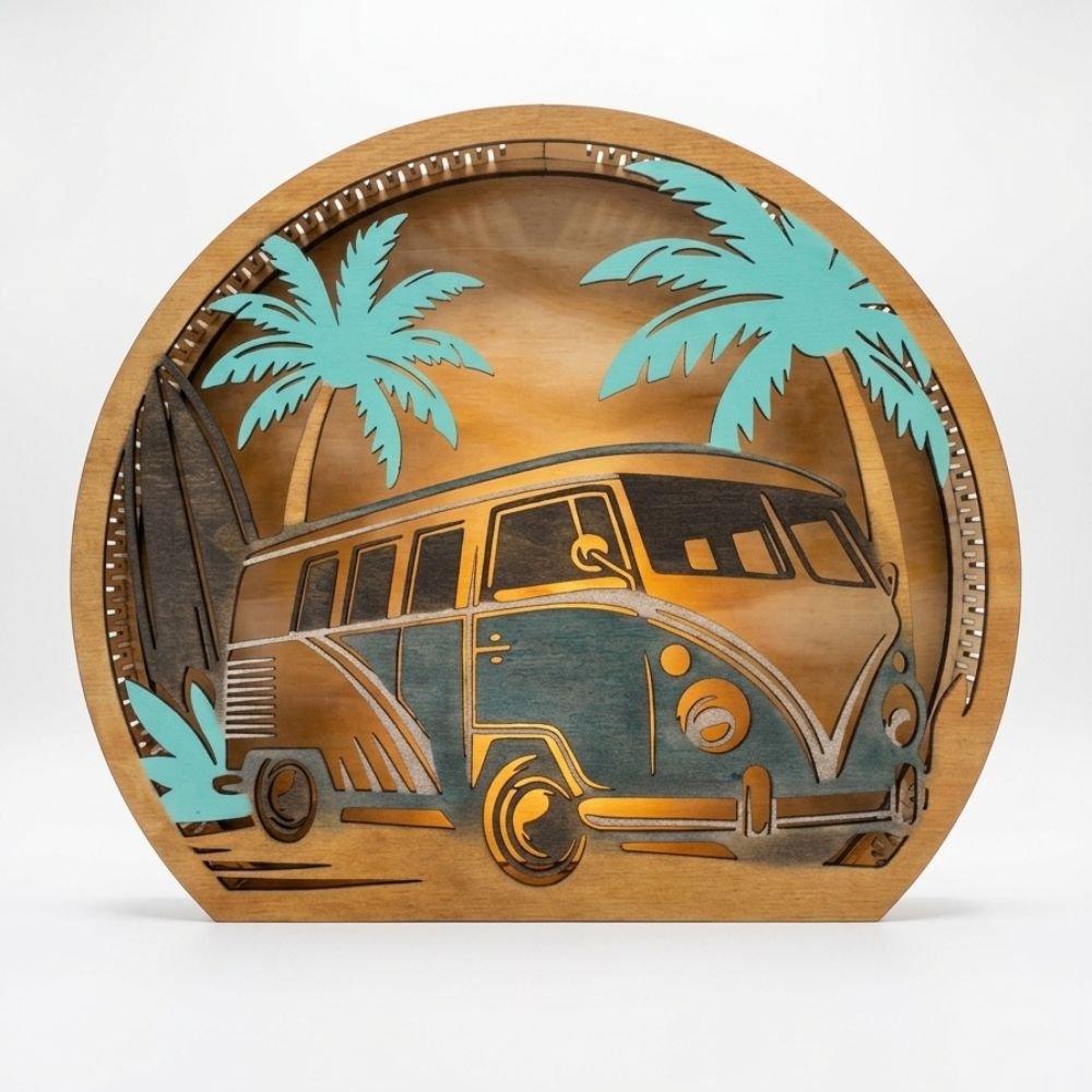 Retro Kombi Beach Sunset - LED Wood Lamp - Image 3