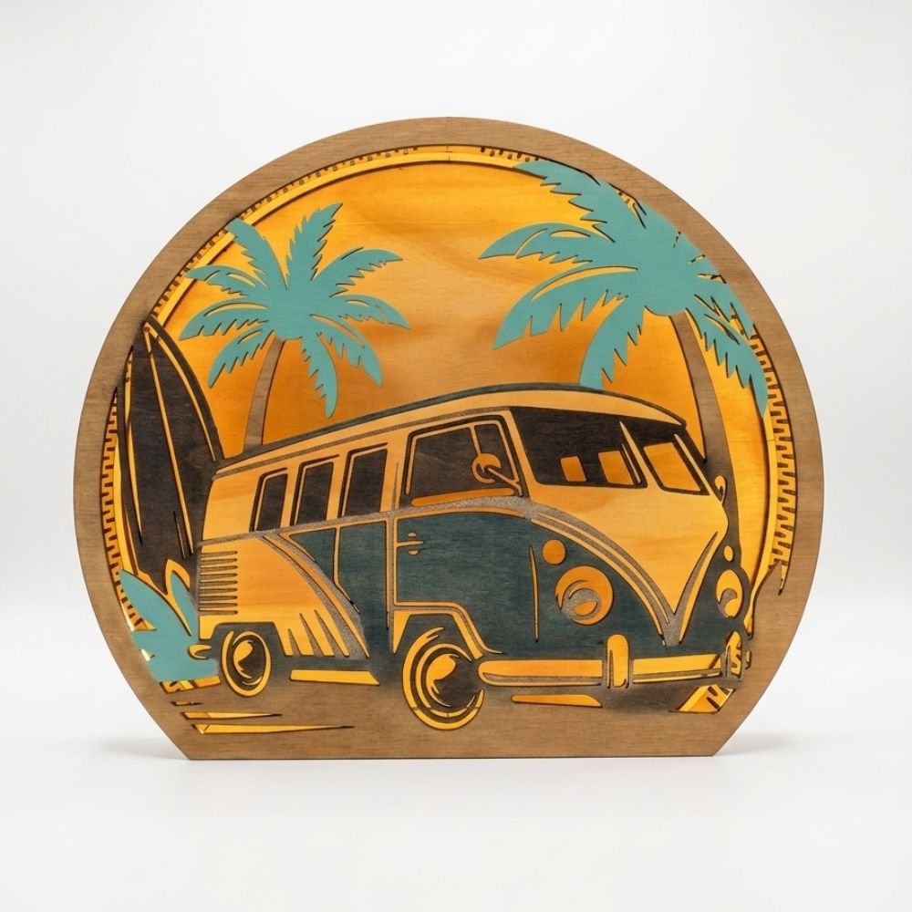 Retro Kombi Beach Sunset - LED Wood Lamp