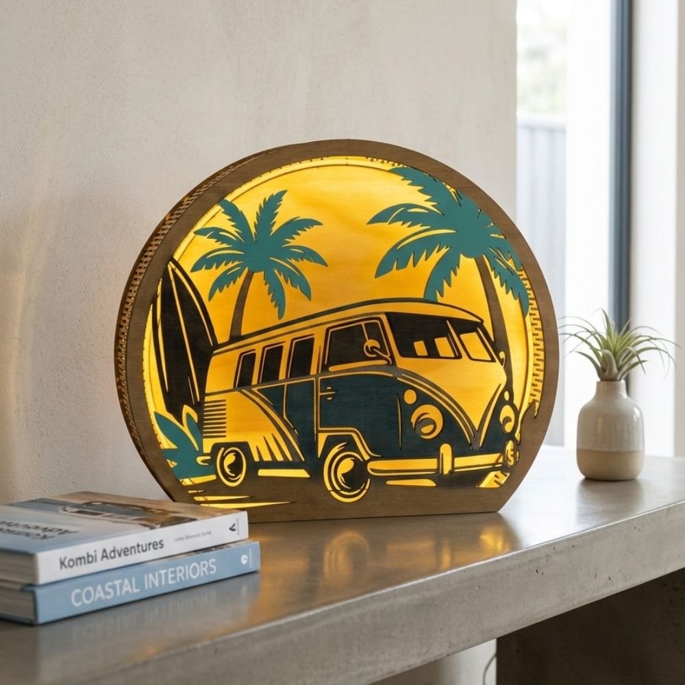 Retro Kombi Beach Sunset - LED Wood Lamp - Image 2