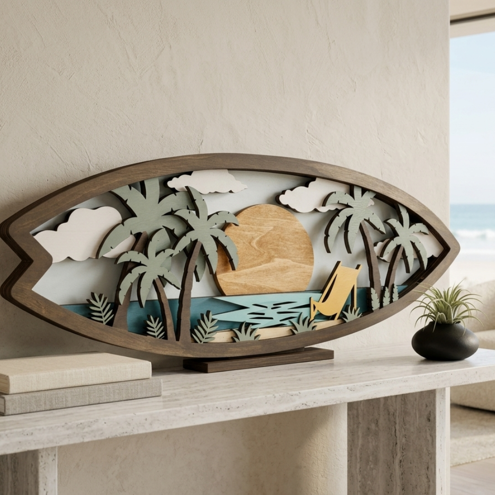 3D layered wooden surfboard wall art with ocean waves, palm trees and sunset scene