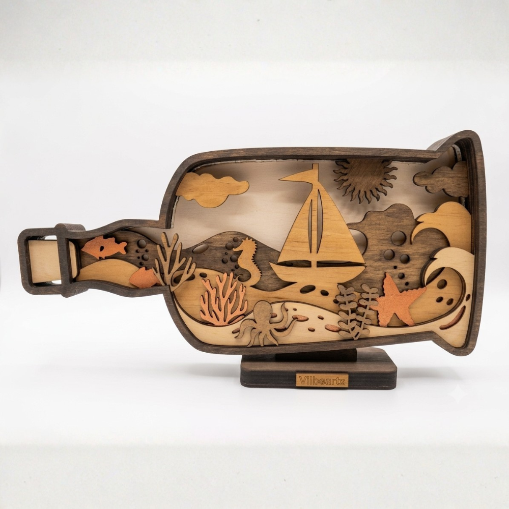 Close-up of LED bottle lamp with layered wooden ocean scene and warm lighting