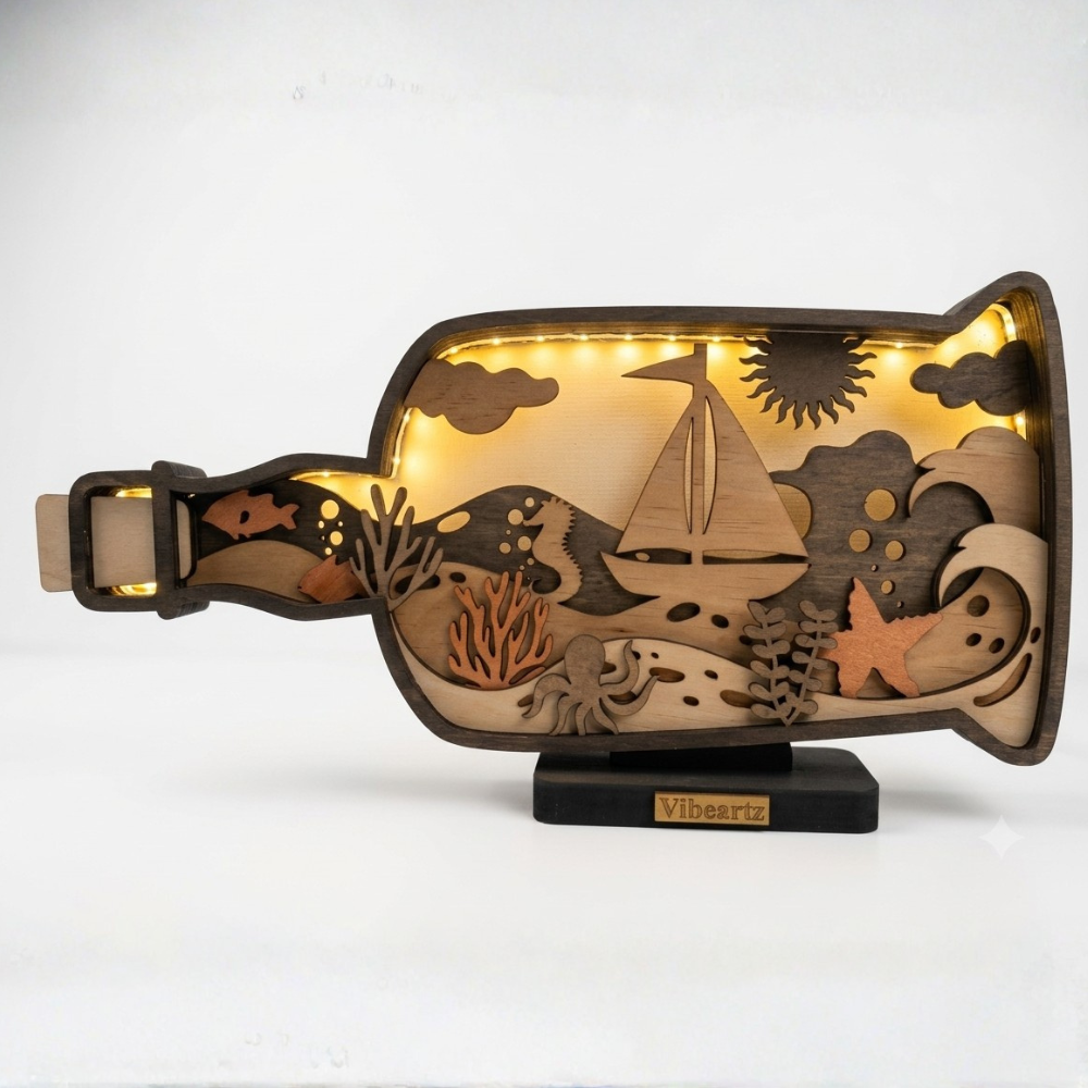 Wooden LED bottle lamp displayed on shelf with ocean scene design in modern home
