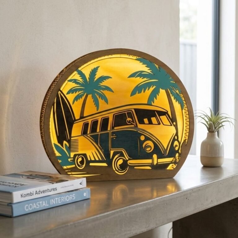 Vintage kombi van wooden wall art with beach sunset theme