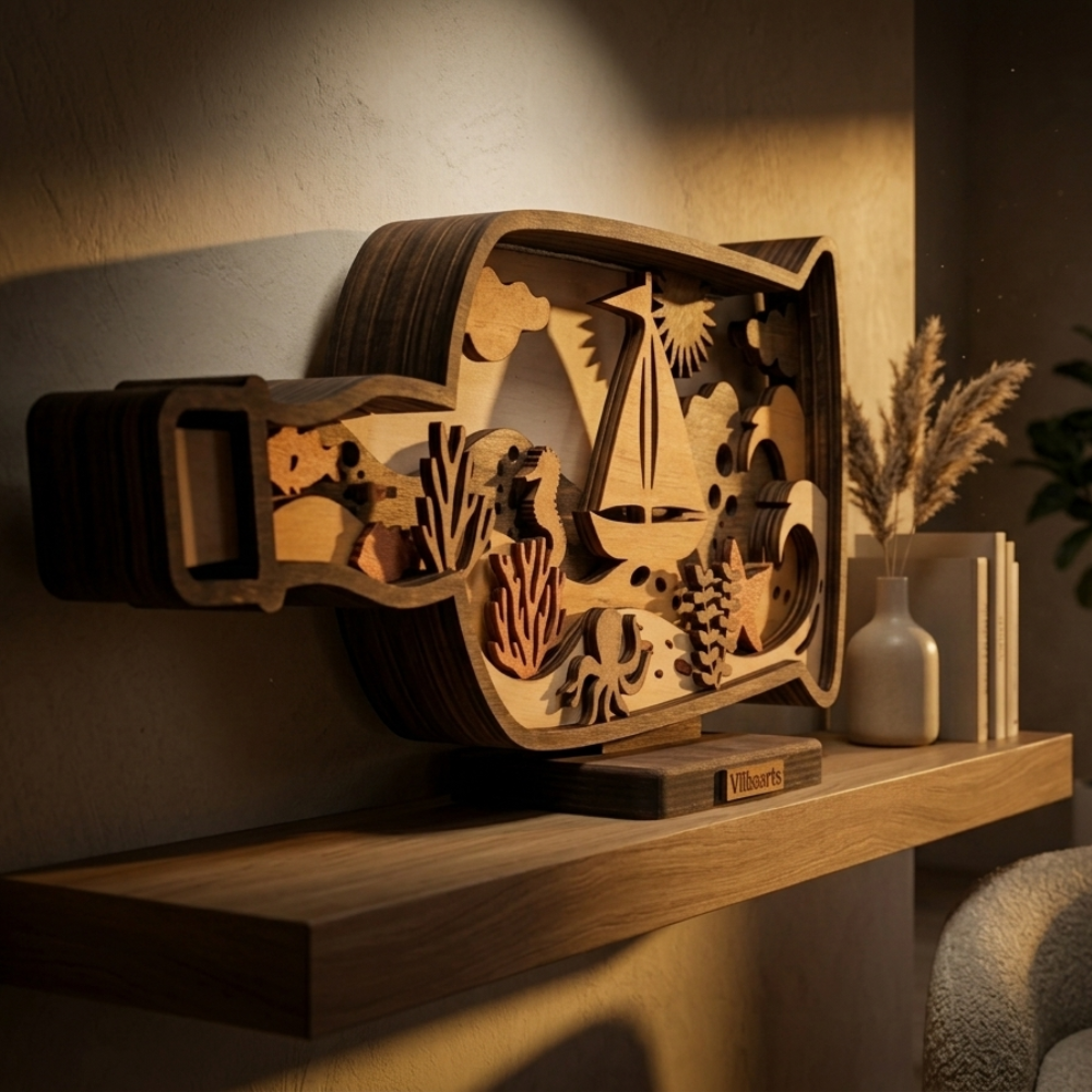 LED wooden bottle lamp glowing in dark setting with layered beach and ocean design