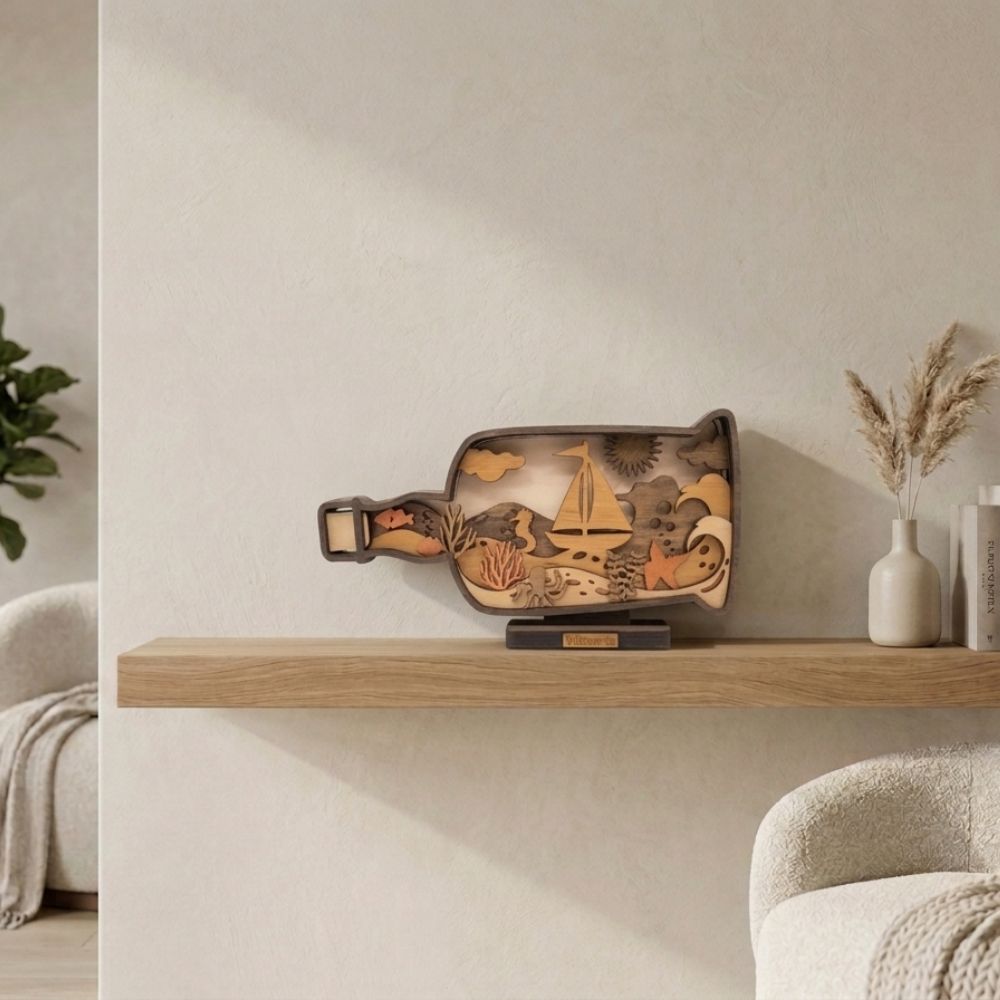 Front view of 3D layered wooden bottle lamp with beach scene and LED lighting