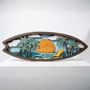 Surfboard shaped wooden wall art featuring sunset, palm trees and ocean coastal scene