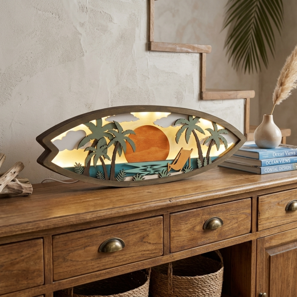 Layered wooden surfboard wall art with sunset and palm trees displayed in modern home interior