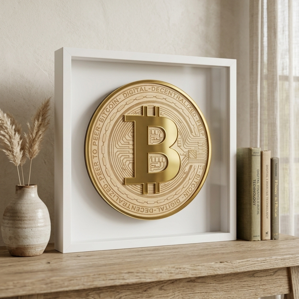 Modern framed Bitcoin artwork with wooden engraved coin and gold mirror acrylic details