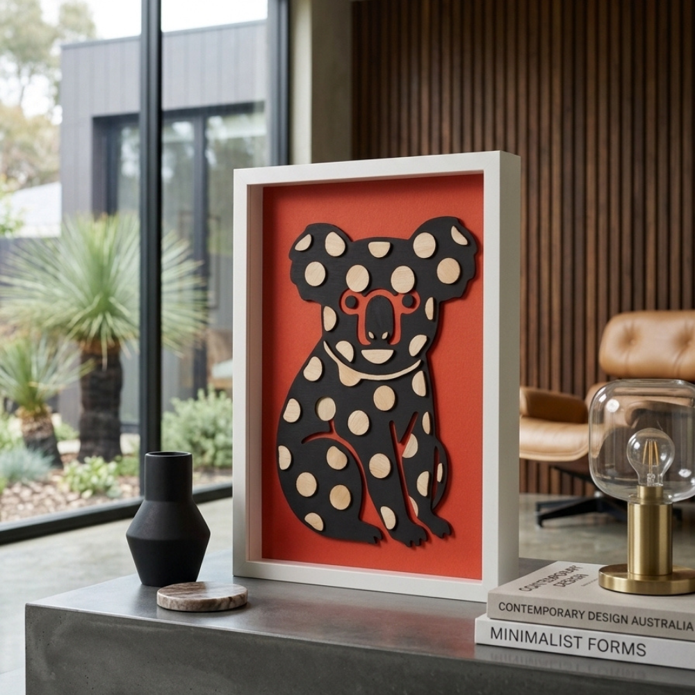 Handmade Australian wildlife wall art featuring a black and natural timber koala design