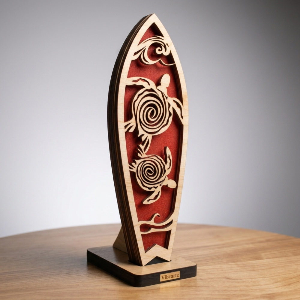 Handmade wooden turtle lamp featuring two sea turtles, ocean waves and a warm illuminated background