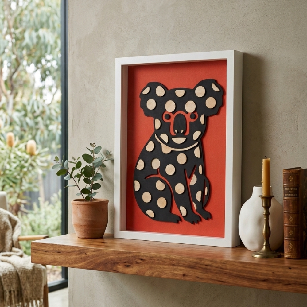 Layered wooden koala artwork with natural timber details and red background
