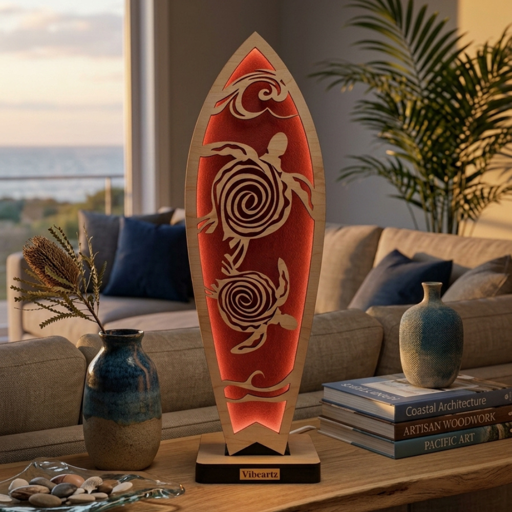 Handmade turtle LED lamp with a surfboard-shaped timber design, sea turtles and wave artwork