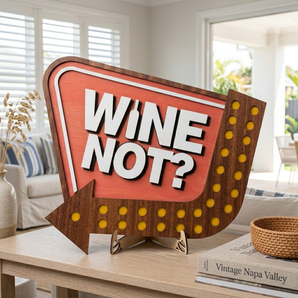 Handmade Wine Not 3D wood art sign with a vintage-inspired marquee arrow design for wine lovers and home bars