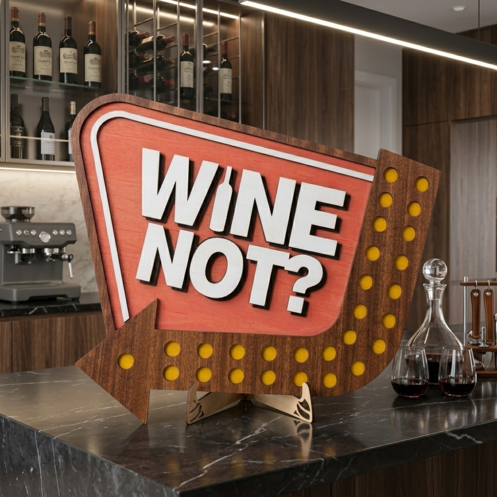 Vintage style marquee arrow sign featuring Wine Not lettering and layered 3D wooden design