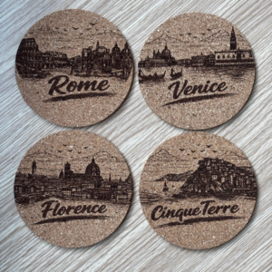 Set of four 100mm natural cork coasters featuring laser engraved designs of Rome, Venice, Florence and Cinque Terre