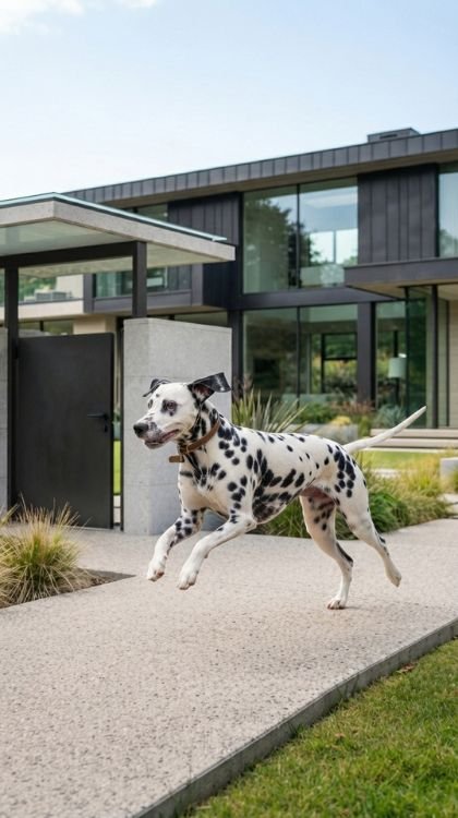 Dalmatian running outside a modern house wearing an NFC pet tag