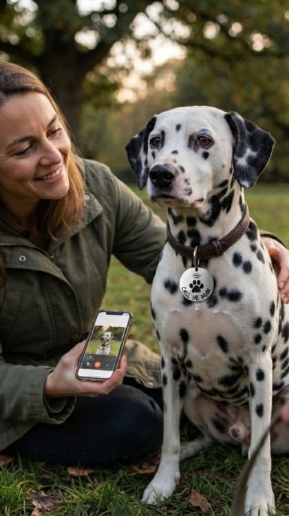 Woman tapping her phone on the NFC tag of a Dalmatian in a park