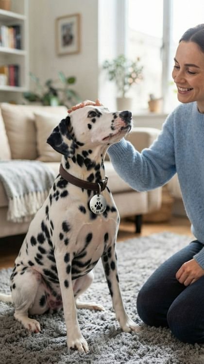 Woman with a Dalmatian wearing an NFC pet tag at home