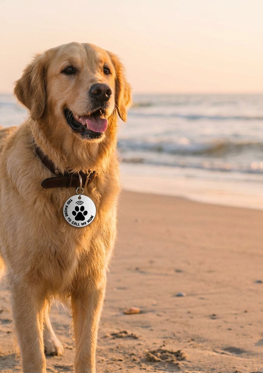 Golden Retriever wearing an NFC pet tag on the beach at sunset