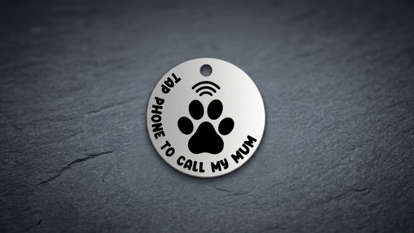 Silver NFC pet tag with paw print on a dark stone surface