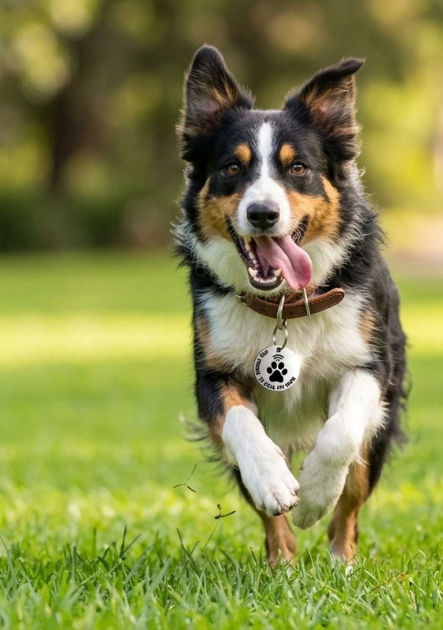 Australian Shepherd running on grass wearing an NFC pet tag