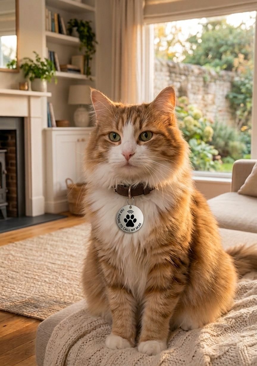 Ginger cat wearing an NFC pet tag in a living room