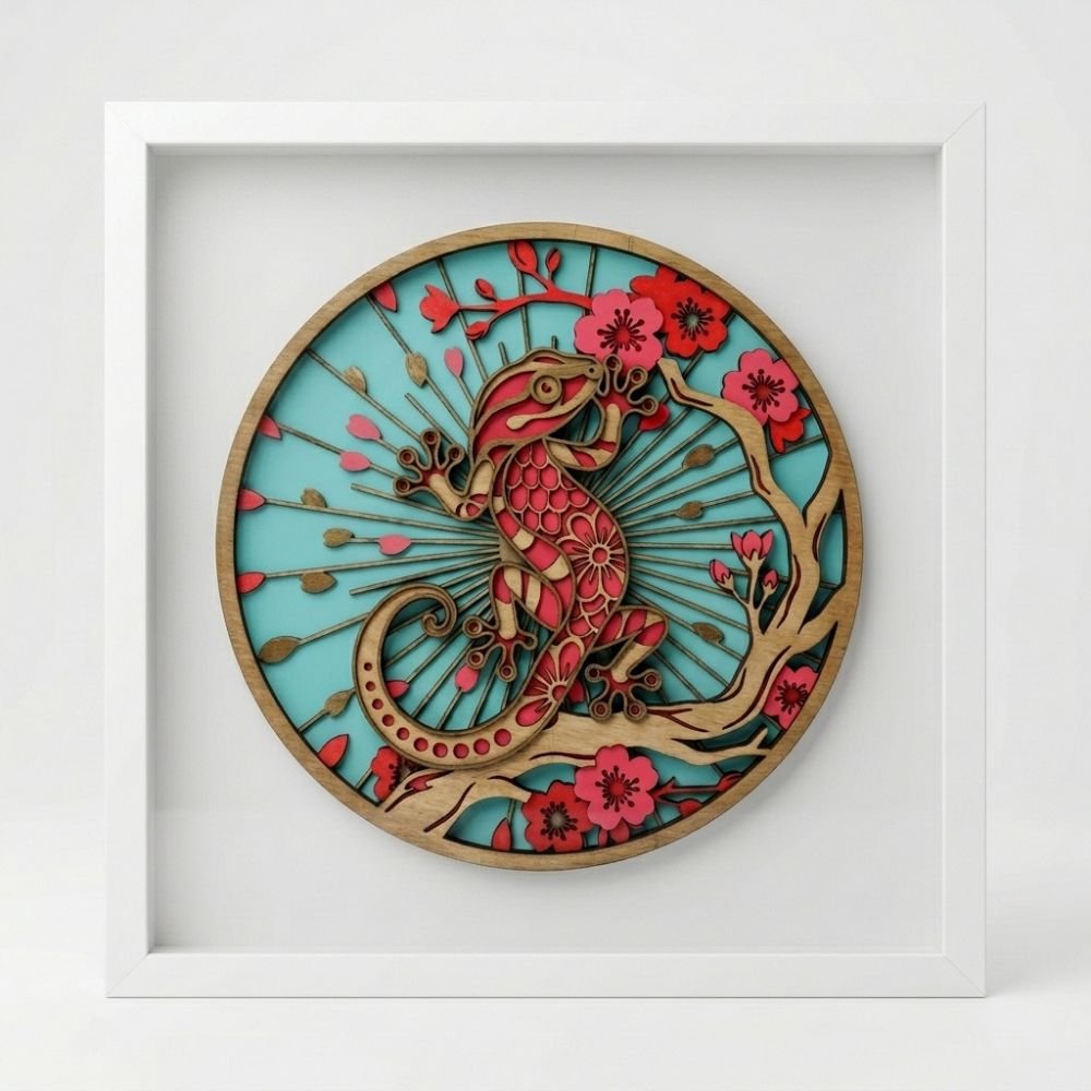Gecko wall art in a white frame, layered wooden gecko on a turquoise background with red flowers