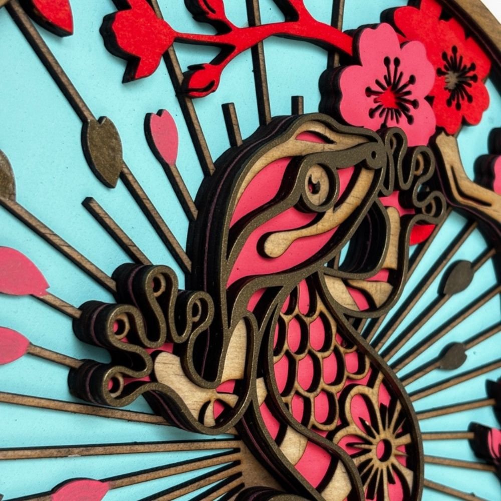 Close-up of the layered wooden gecko with pink flowers and turquoise rays