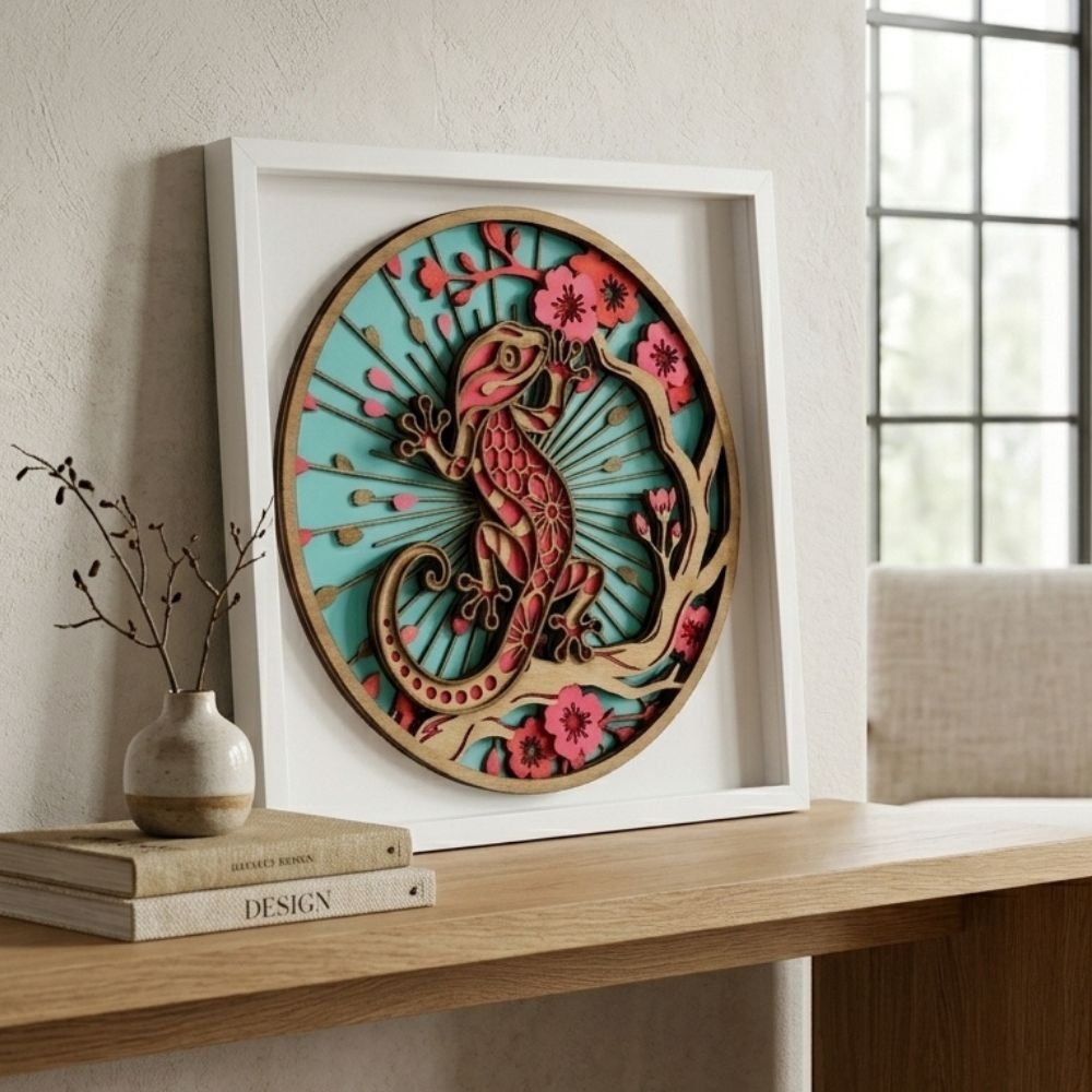 Framed gecko wall art leaning on a wooden shelf near a window